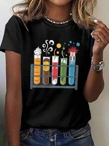 Camiseta de manga corta con cuello redondo para mujeres - Impresión de seis tubos de ensayo en estante con gráficos coloridos de temática científica, tela transpirable de estiramiento medio, top casual lavable a máquina para verano y primavera, atuendo casual, camiseta de ajuste cómodo - Negro - Ver 1