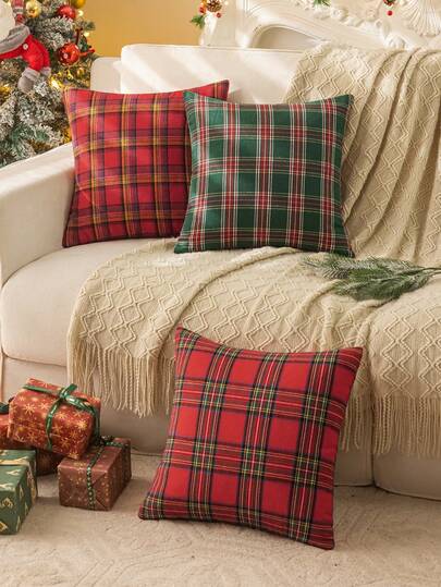 2 件格子靠垫套，柔软拉绒面料农舍风格沙发枕套，适用于客厅、卧室、床、圣诞装饰