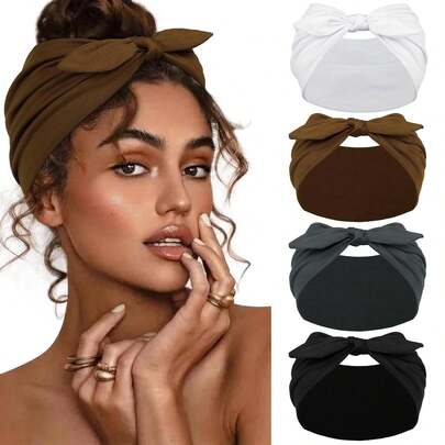 4pcs Women's Bow Headbands, Elastic Bow Headbands, Knotted Headbands, Non-Slip Headbands For Women (Gray, Black, Brown, White) Warm Hair Bands Women Bandanas Winter Hair Accessories