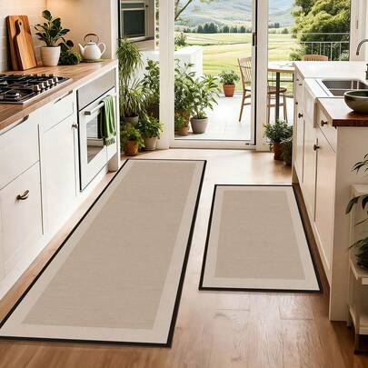 1pc Black Framed Beige Solid Pattern Kitchen Mat, Non-Slip, Suitable For Room Decor, Living Room, Bathroom, Bedroom Carpet, Doormat, Area Rug And Outdoor Rug, Made Of Polyester Fiber, Easy To Clean And Machine Washable, Suitable For All Seasons And Holidays