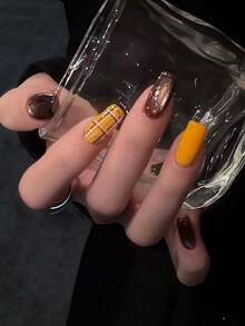 10pcs/Set Handmade Press-On Nails - Shiny Brown Cat Eye & Orange Plaid Design, Medium Square Shape With Glitter Accent - Elegant Lady False Nails - Rust Brown - View 3
