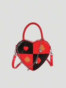 BAILEE Fashionable Personalized Fun Poker Heart Color Blocked PU Leather Three-Dimensional Zipper Style With Chain Decoration Women's Handbag Perfect For College&Work&Commute&Outdoors&Travel&Outings&Shopping&Gifts To Friends