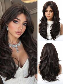 20 Inch Natural Curly Brown Wig, Medium Length Synthetic Heat-Resistant Wig, Inward Curl Design, Suitable For Women's Daily, Party, Work And Other Occasions - 黑棕色 - 查看 2