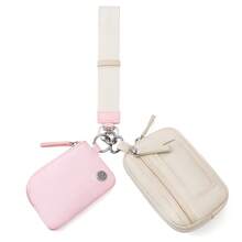 POIUGOYA Keychain Wristlet Wallet, Zip Around Dual Pouch Wristlet Portable, Nylon Secure Coin Purse Small Wallet With Key Ring, Fashion Women's Cute Wallet With RFID, Identification Window - Pink & Beige - View 8