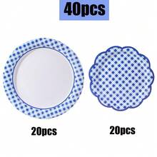10/20/40/50pcs,Blue And White Checkered Birthday Party Supplies, Coastal Deep Blue Scallop Party Disposable Paper Plates, Birthday Party Decoration Supplies, Blues Dinner, Wedding, BabyShower, Birthday, Picnic, Barbecue Essential