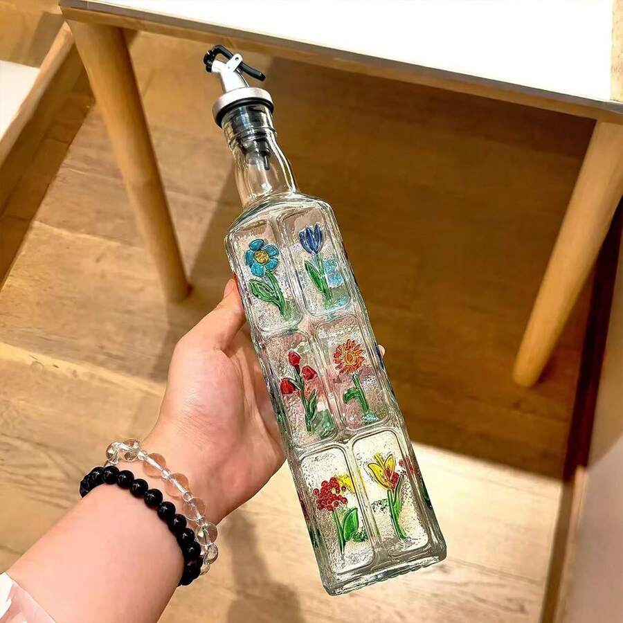 1个/2个装家用厨房浮雕玻璃油瓶，家用油壶，厨房酱油醋调味瓶，2025新款巴洛克风格，防滴漏 - 彩色 - 查看 1
