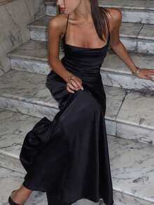 Women Summer Solid Backless Lace Up Satin Long Dress, Sexy Slim Elegant Party Dress, Prom Evening Dress, Wedding Guest Dress, For Cocktail