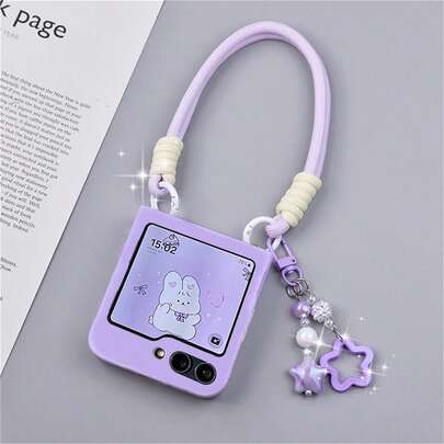 可爱紫色手机壳，带星星吊坠和防丢挂绳，兼容三星 Galaxy ZFlip7、ZFlip6、ZFlip 5、Zflip6、Zflip5，防震后盖，也兼容摩托罗拉手机。