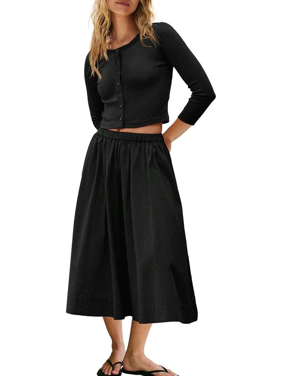 Women's Essential Casual Lightweight Three-Quarter Sleeve Knit Cardigan Elastic Waist Skirt Matching Two-Piece Set - 黑色 - 查看 1