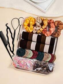 1159pcs/Set Basic Fashion Hair Accessories Kit: Includes Satin Scrunchies For Elegant Slouchy Styles, Multi-Color Hair Ties, And Practical Styling Tools Like Comb - Suitable For Girls And Women, Satisfying Daily Needs. Easy To Create Simple Ponytails, Fancy Buns Or Creative Hairstyles, Practical And Useful!, School Stuff, Gifts, Hair Bobbles, Hair Bands, Head Accessories - Multicolor - View 15