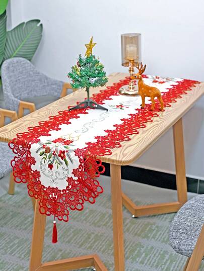 1pc Christmas Candle Table Runner, European Luxury Polyester Satin Fabric, Embroidered Red Lace Hollow Floral Trim, Suitable For Living Room, Bedroom, Dining Table, TV Cabinet, Sideboard, Chest Of Drawers, Etc.
