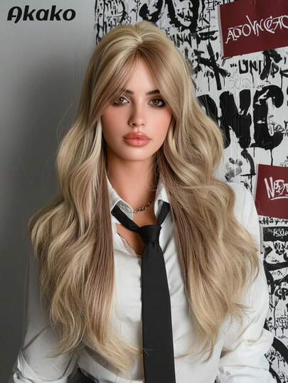 AKAKO 24英寸亚麻金色长波浪卷假发，带刘海，高品质耐热合成波浪卷假发，哥特风格女士服装假发，适合万圣节派对、化装舞会、音乐节和狂欢节。