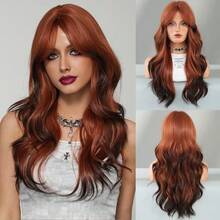 AKAKO 24 Inch Dark Orange Long Wavy Wig With Curtain Bangs, High Quality Heat-Resistant Fiber Synthetic Wave Curly Hair Wig, Gorgeous Goth Style Costume Wigs For Women Halloween Party Masquerade Ball,Music Festivals & Carnival Use - 薑色 - 查看 11