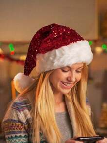 亮片圣诞老人帽，带绒球蝴蝶结 - 节日派对针织帽，100% 涤纶，手洗，无弹力，针织工艺品 - 圣诞节服装配饰 - 彩色 - 查看 2