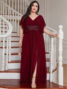 UNITHORSE Plus Size Bridesmaid Dress With Sequin Waist, Ruffle Hem And Side Slit, Chiffon