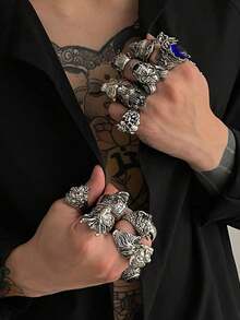 16pcs Punk Style Sheep/Tiger Head/Skull Finger Rings, Black/Blue Crystal Embellished, Men's Casual Daily Wear - Antique Silver - View 7