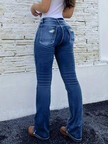 Women's Vintage Stretchy Ripped Flared Denim Jeans- Comfortable For Everyday Casual - 藏蓝色 - 查看 2