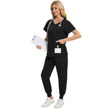 1 Set de Uniforme Médico de Mujer con Manga Corta, Cremallera, Cuello Redondo y Bolsillo, Conjunto Informal de Blusa de Manga Corta con Cremallera y Pantalón de unicolor, Uniforme Médico Ajustado, Adecuado para Trabajo Hospitalario, Conjunto de Uniforme Médico, Conjunto de Uniforme Médico para Cirugía Estética Color Negro - Negro - Ver 4