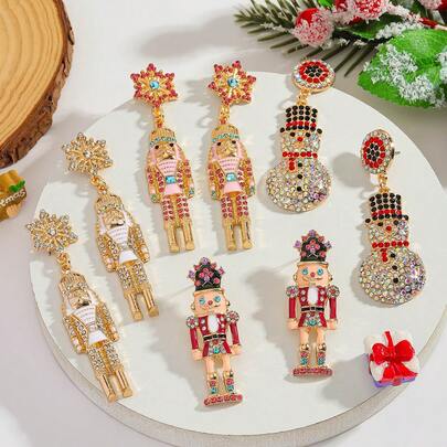 1 对节日耳环，圣诞胡桃夹子和雪人吊坠耳环，带水钻，闪亮耳坠，适合女士日常佩戴，圣诞派对，节日活动，宴会