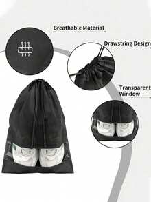 Túi đựng giày dùng một lần không dệt (1 cái/5 cái/10 cái), Túi bọc giày chống bụi màu trơn, Túi đựng giày du lịch dây rút màu đen, Túi đựng giày đơn giản - màu đen - Xem 4