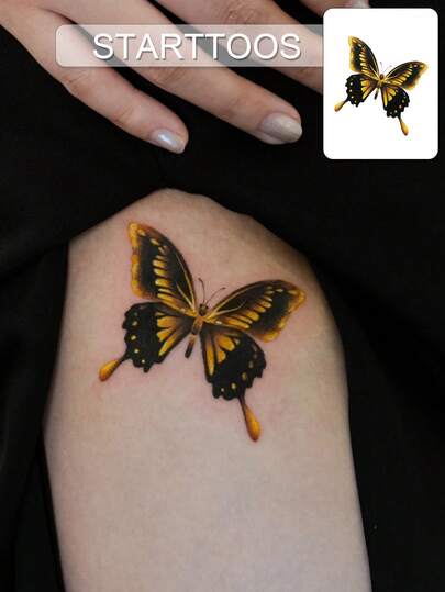 STARTTOOS Minimalist Temporary Tattoo Stickers, Black & Gold Butterfly Pattern - Suitable For DIY, Anime Conventions, Festivals, Valentine's Day, Parties And Holidays. Waterproof And Realistic Tattoo Stickers For Wrist, Ankle, Shoulder, Neck, Collarbone And Body Skin