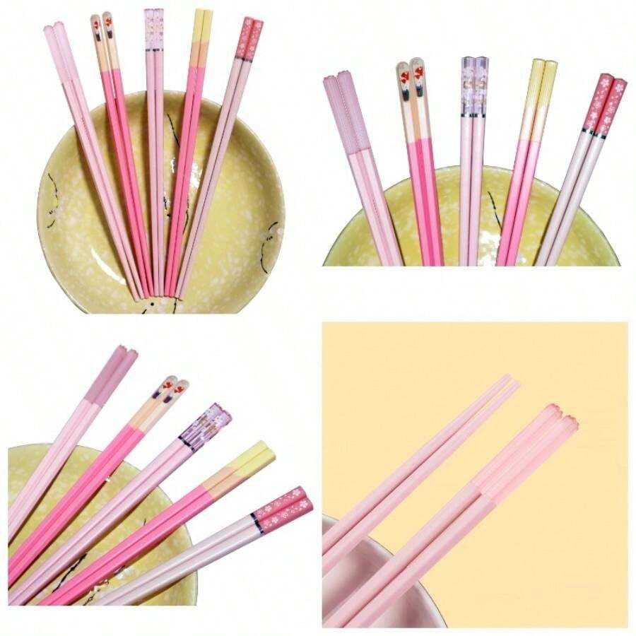 - 5 pares de palillos de fibra de vidrio rosa japons, de palillos coreanos, reutilizables, antideslizantes, aptos para lavaplatos, 9.6 pulgadas de largo, 5 patrones - 5 pares de palillos rosados - Ver 1