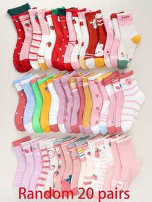 随机10/20双适合所有季节的儿童袜子，柔软舒适，可爱卡通兔子，草莓设计图案，时尚条纹，女童宝宝袜子，百搭休闲，中筒袜适合日常或上学使用 - 粉色 - 查看 18