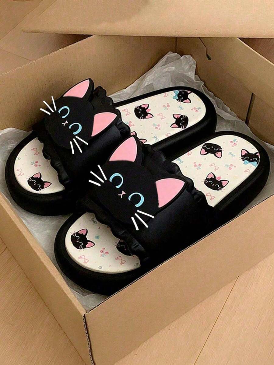 1双个性化休闲软底拖鞋，甜美黑猫图案，适合室内外穿着，夏季款，尺码偏小 - 黑色 - 查看 1