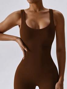 Yefecy Women Workout Seamless Jumpsuit Yoga Ribbed Bodycon One Piece Square Neck Leggings Jumpsuit Summer - 咖啡棕 - 查看 4