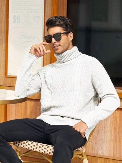 Runcati Mens Turtleneck Sweater Pullover Twisted Pattern Casual Loose Fit Thick Winter Long Sleeve Cable Knit Sweaters