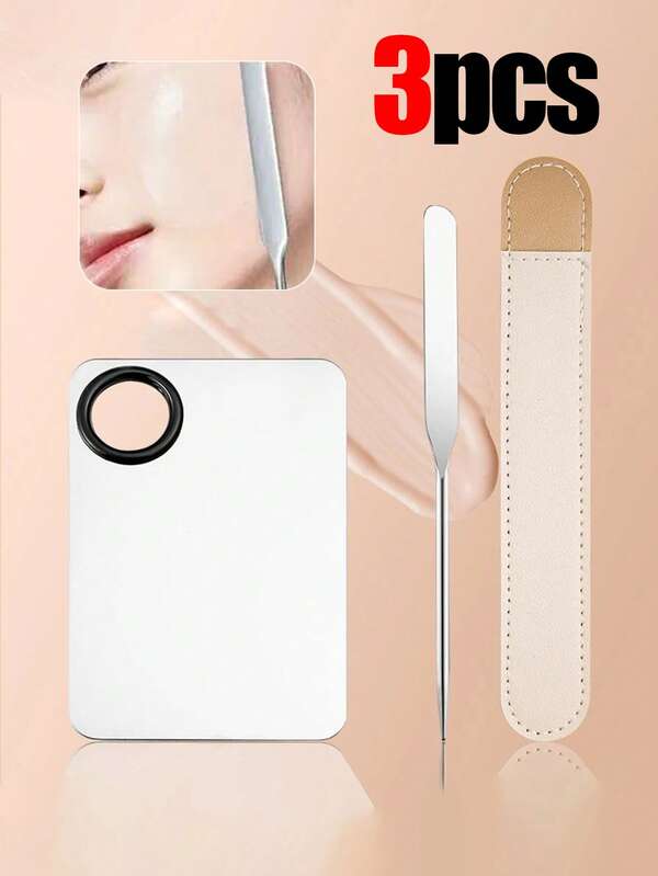 3pcs Stainless Steel Makeup Palette, Stainless Steel Double-Ended Spatula, Mixing Knife, Makeup Tools Set, Convenient, Portable, Non-Deformable