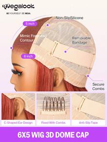 MEGALOOK 200% 密度姜棕色直发假发,6x5 双层蕾丝编织,100% 真人发丝,沙龙级奢华无胶假发,隐形结,预修剪蕾丝,自然发际线,透明蕾丝封口,配有耐用透气帽 - 薑黃色和橙色 - 查看 10