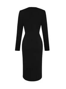 女士高端优雅中长连衣裙，端庄精致，适合春秋季节，修身显高秋季连衣裙 - 黑色 - 查看 3