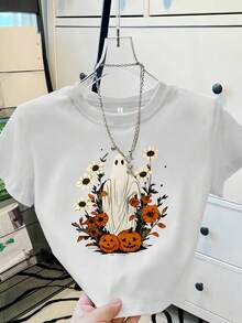 Camiseta de Halloween para Mujer - Top Corto Amarillo Claro con Diseño de Calabaza y Flores - Tejido Suave y Transpirable para Fiestas de Otoño, Ropa Casual - Camiseta Lavable a Máquina Estilo Y2K, Ropa de Halloween, Atuendo para Fiestas Casuales, Camiseta con Gráfico Caprichoso, Camiseta de Ajuste Cómodo, Ropa de Festival, Estampado Espeluznante, Material Duradero, Camiseta de Manga Corta, Amantes de la Moda - Blanco - Ver 2