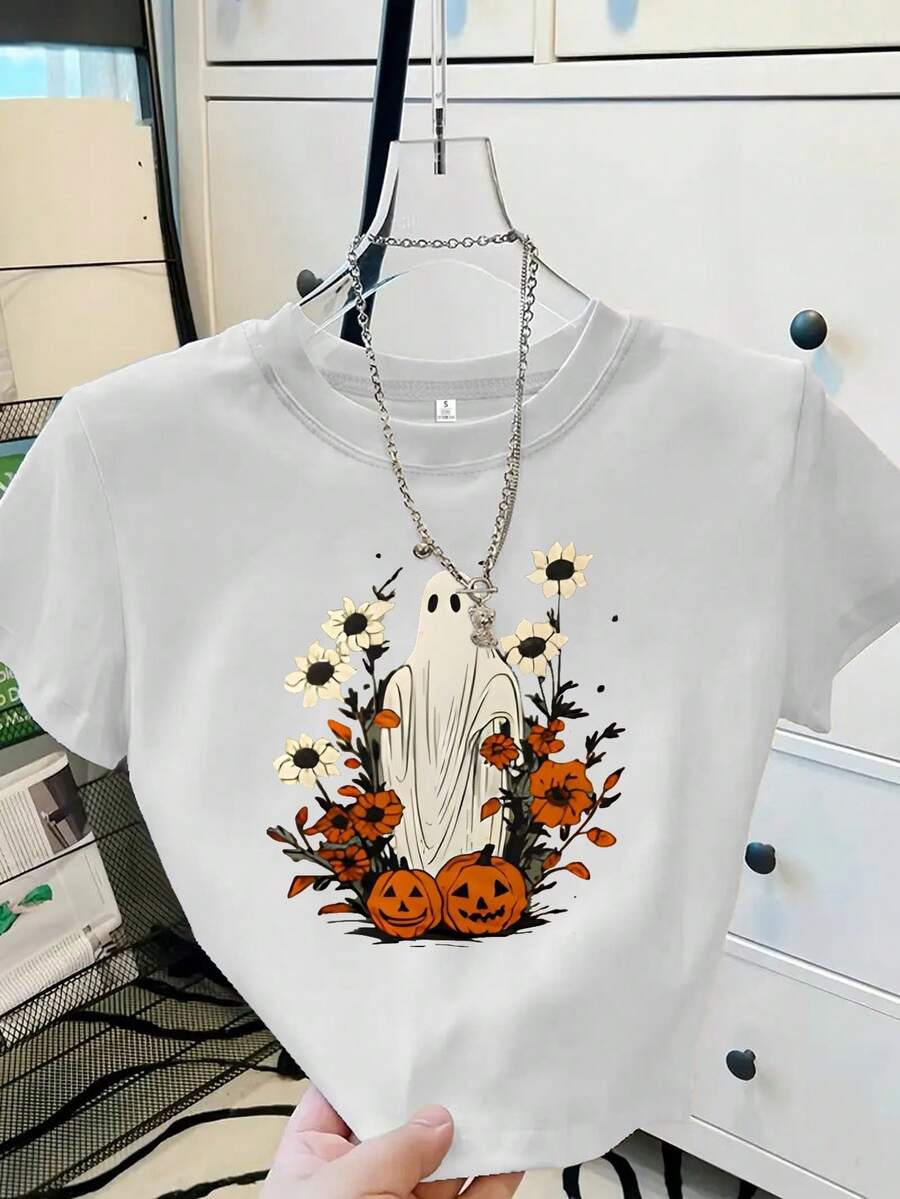 Camiseta de Halloween para Mujer - Top Corto Amarillo Claro con Diseño de Calabaza y Flores - Tejido Suave y Transpirable para Fiestas de Otoño, Ropa Casual - Camiseta Lavable a Máquina Estilo Y2K, Ropa de Halloween, Atuendo para Fiestas Casuales, Camiseta con Gráfico Caprichoso, Camiseta de Ajuste Cómodo, Ropa de Festival, Estampado Espeluznante, Material Duradero, Camiseta de Manga Corta, Amantes de la Moda