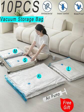10/8/5/1件装防水旅行真空收纳袋，多功能压缩袋，防潮压缩袋，可重复使用真空袋，带手动气泵的衣物真空密封袋。适用于衣柜、橱柜、衣橱、卧室、行李箱、宿舍、返校季和家居收纳。