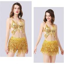 YYC Gold Wrap Belly Dance Sparkling Skirts Fringe Hip Scarf For Festival Fashion - AGoldSequinTasselWrapSkirt - Xem 7