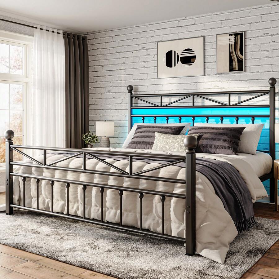 EnHomee 54" LED Bed Frame With Tall Headboard & Footboard Metal Bed Frame With Under Bed Storage No Box Spring Needed,Noise-Free, Christmas Decor, Furniture House Decor, Black - 黑色 - 查看 1
