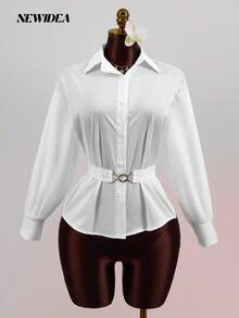Elegant Women's White Satin-Like Long Sleeve Collared Shirt - Belted Button Front Blouse For Office, Going Out & Daily Wear