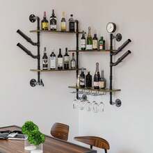 UNHO Wine Rack Wall, Corner Bottle Rack Wine Bottle Holder With Shelves Wine Glass Holder, Industrial Design, Ideal For Home, Bar, Kitchen And Restaurant - Black - View 2