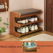 1pc Bamboo Shoe Bench With Shoe Rack, Freestanding Shoe Organizer Suitable For Hallway, Bedroom Or Balcony - Black - View 6