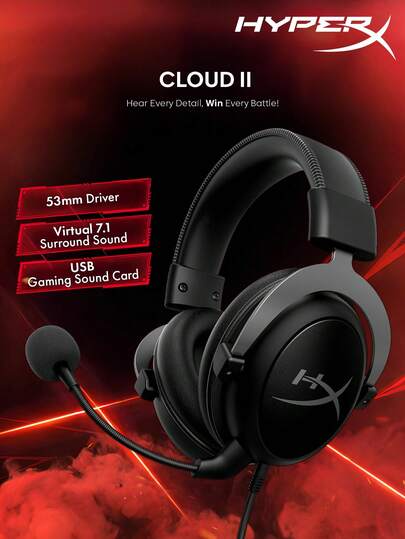 HyperX Cloud II Gaming Headset With USB Sound Card 7.1 Surround Sound Memory Foam Ear Pads Durable Aluminum Frame Detachable Microphone Works With PC PS5 PS4 Xbox Series X|S Xbox One