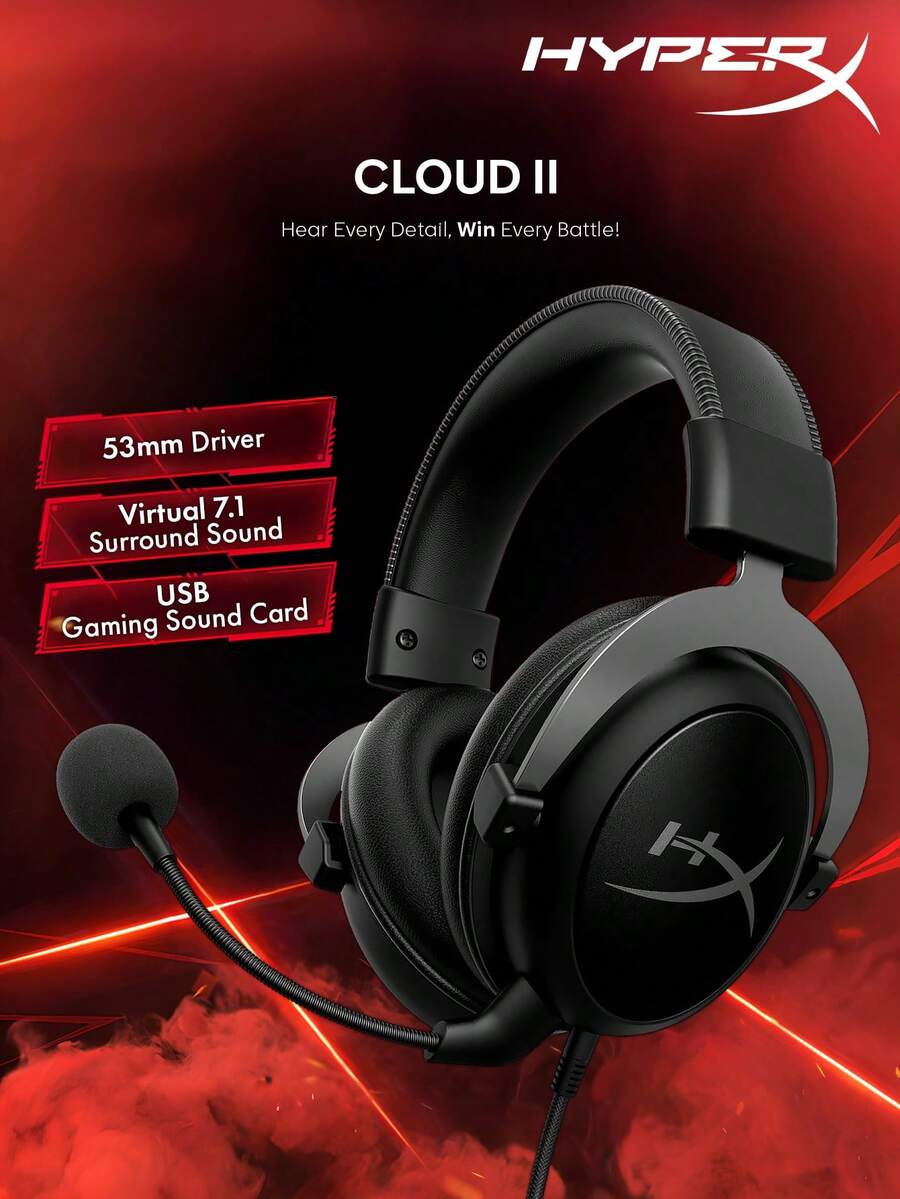 HyperX Cloud II 游戏耳机，带 USB 声卡，7.1 环绕立体声，记忆海绵耳垫，耐用铝合金框架，可拆卸麦克风，兼容 PC 和游戏主机。
