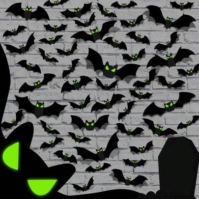 96 piezas de decoración de murciélagos 3D de Halloween, Kit de decoración de Halloween Luminosas Murciélagos, calcomanías de pared de realistas de PVC, decoración de de Halloween,2025