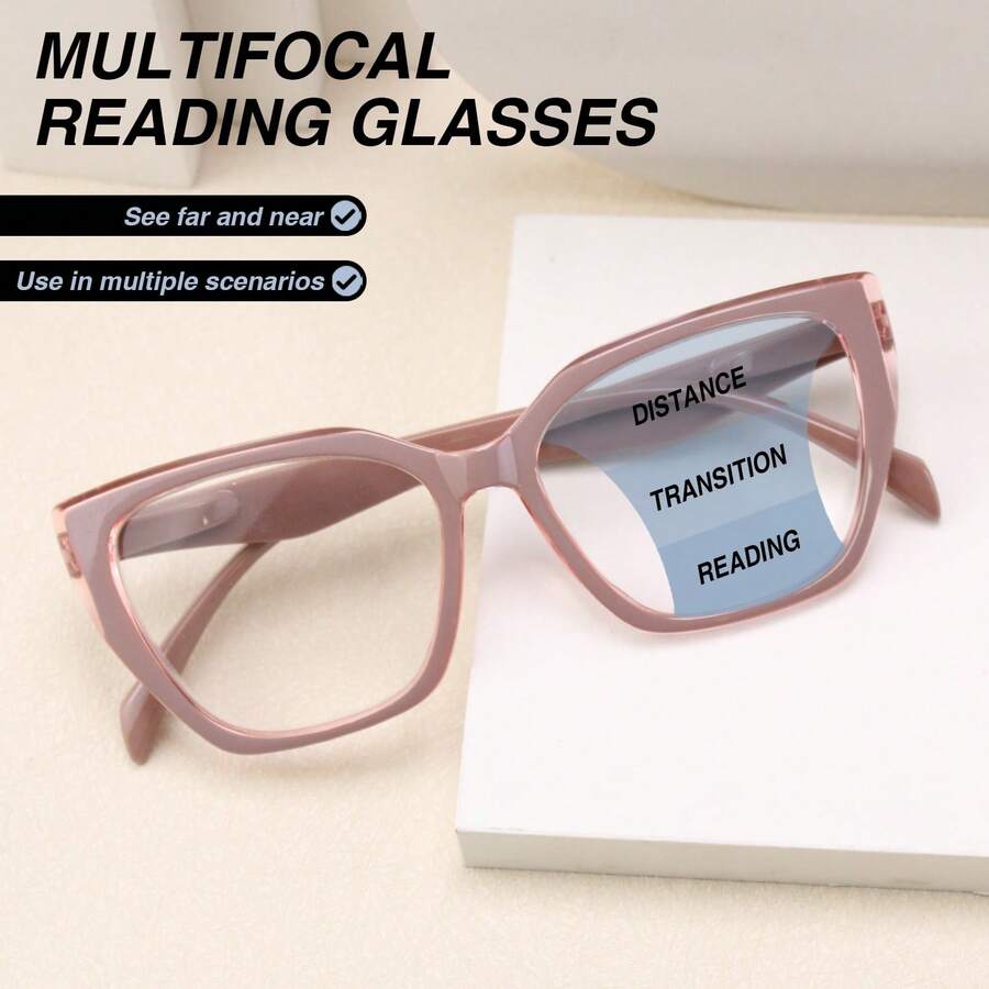 1 pieza Gafas de lectura con marco grande y progresión multifocal con diseño de ojo de gato, diseño de estampado de leopardo talla grande vendido, con bisagras de resorte cómodas, adecuadas para uso diario de hombres y mujeres - Rosa - Ver 1