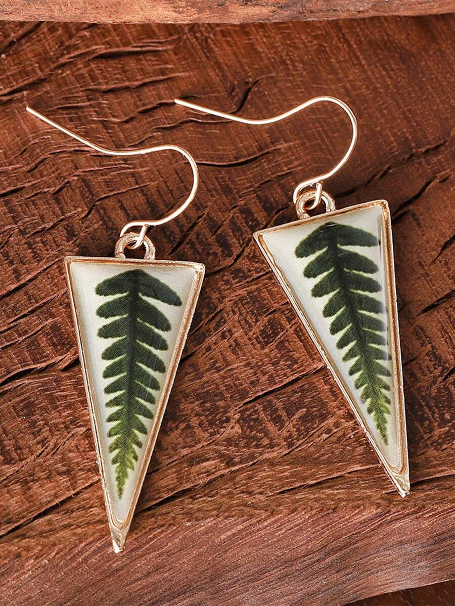1pc Fashionable Vintage New Triangle Resin Faux Leaf Earrings - Multicolor - View 1