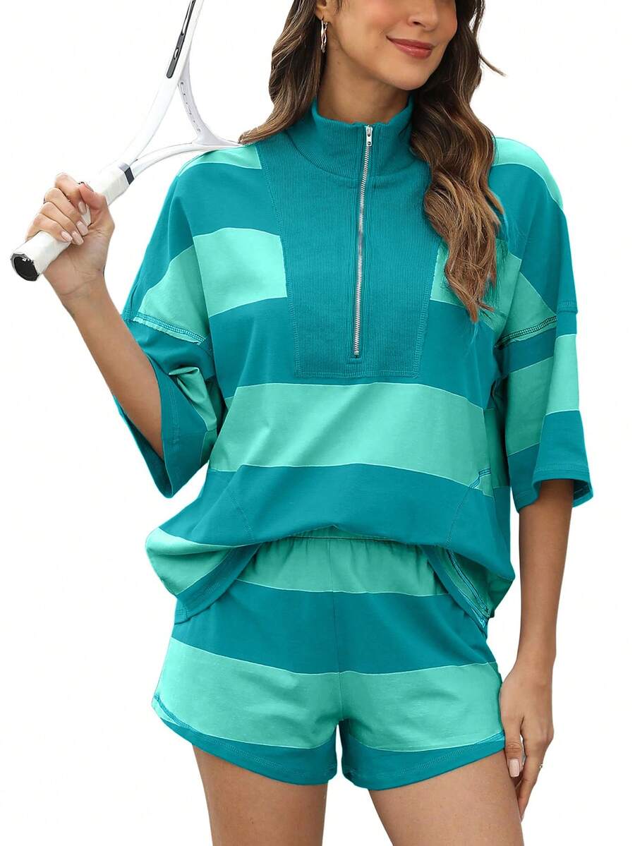 Women's Early Spring Shorts Two-Piece Sets Striped Oversized Everyday Casual Workout Lightweight Top With Pockets - Màu xanh ngọc - Xem 1