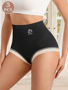 3 件高腰塑形女式三角裤，舒适贴身，收腹，玫瑰印花 - 黑色 - 查看 3