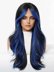 Ava WIGS 26 Inch Two-Tone Color Blue And Black Long Body Wave Wig Synthetic Wigs With Bangs Glue Less Heat Resistant Synthetic No Lace Wigs For Women Black Mixed Blue Long Body Wavy Wig Daily Party Cosplay Multicolor Wigs, Perfect Halloween Gifts For Ladies