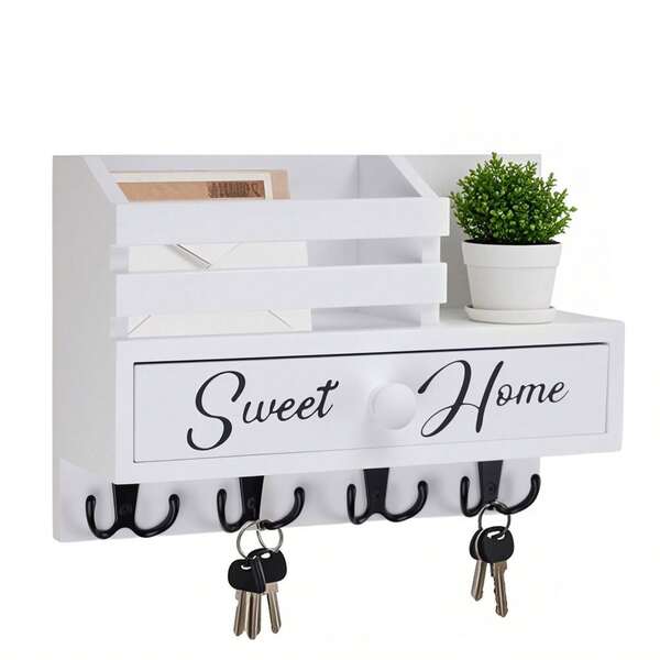 Sweet Home-Like Wood Key & Mail Organizer - Rustic Black Key Holder With Storage Drawer & 8 Hooks, Easy Peel-And-Stick Adhesive Wall Mount For Entryway, Hallway, Mudroom - Wood Cabinet-Free System